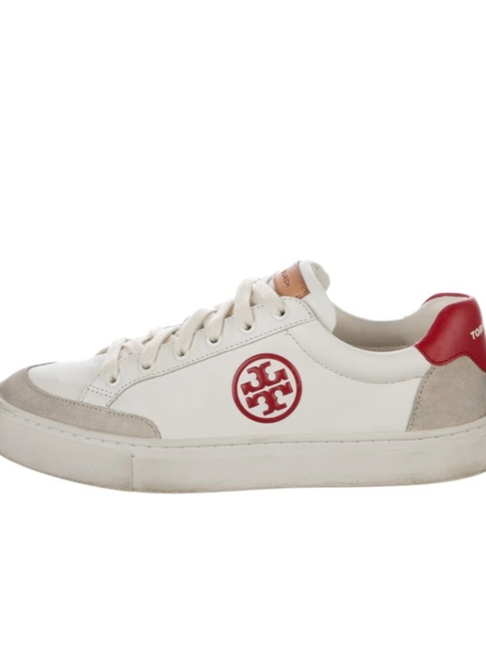 Tory Burch White Leather Sneakers with Red Logo and Heel